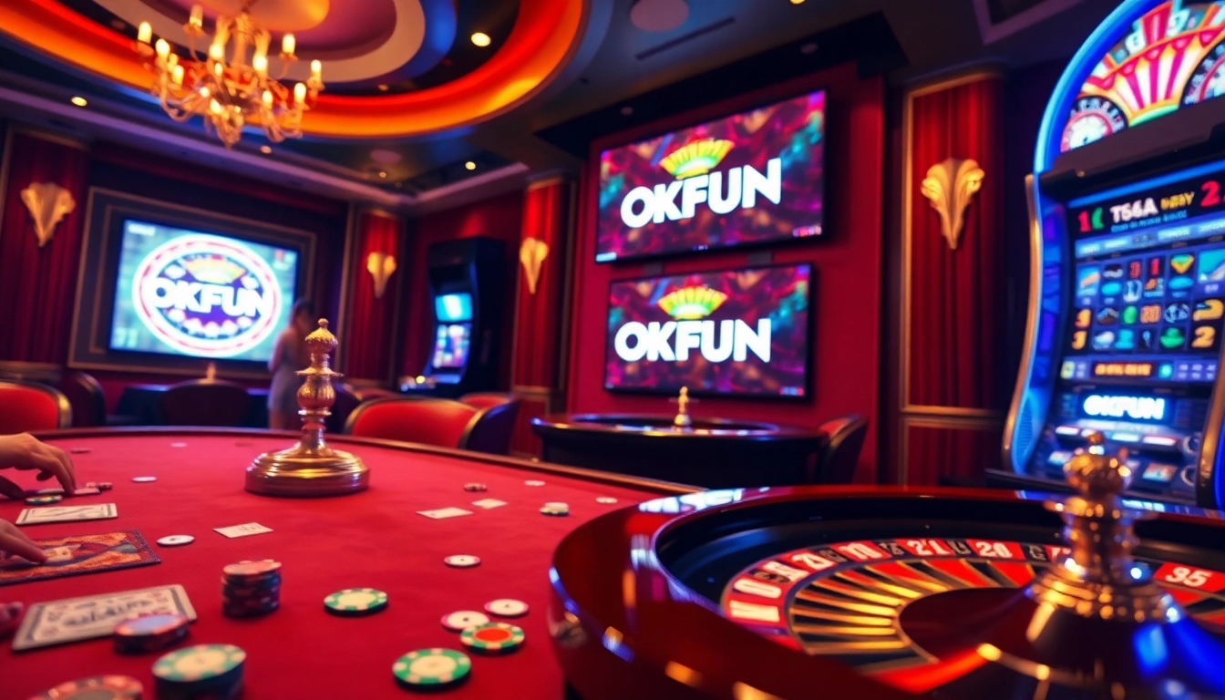 Experience the thrill of high-stakes gaming at OKFUN casino, featuring vibrant tables and luxurious decor.