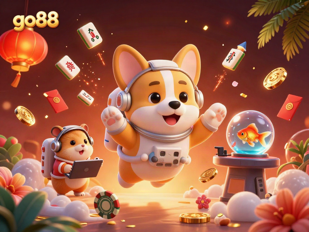 Join the fun at go88's space casino where a corgi astronaut and friends enjoy games in zero gravity!