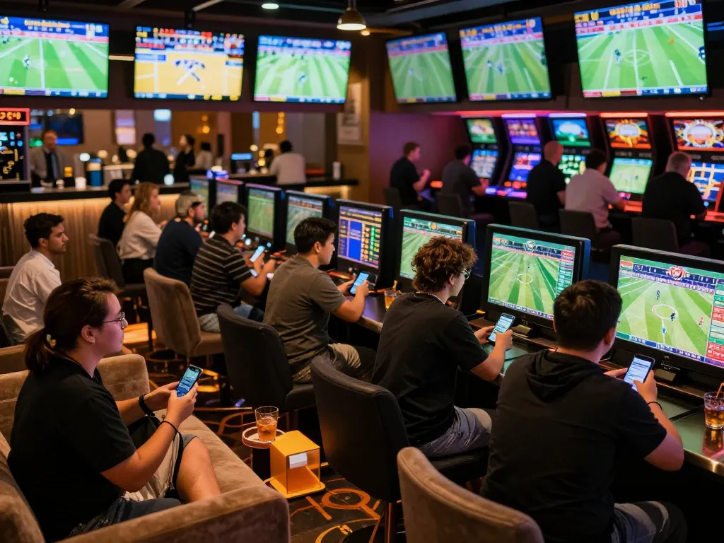 Track-courier as players engage in sports betting, excited atmosphere with screens showing live events.