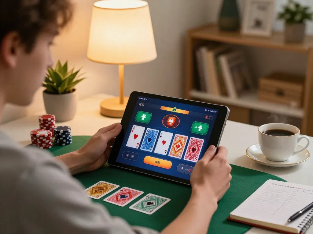 Engaging online poker gameplay at home using link lc88, showcasing a person focused on betting strategy