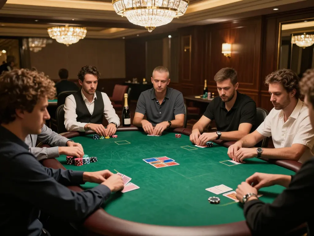 Permainan poker taruhan tinggi AJAIBTOTO di ruang VIP yang elegan, menampilkan permainan yang intens dan suasana mewah