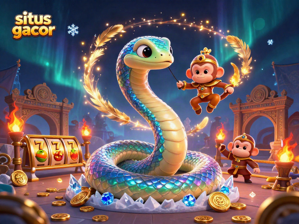 Engage with situs gacor as a rainbow serpent spirals around a golden slot reel, illuminating the casino world.