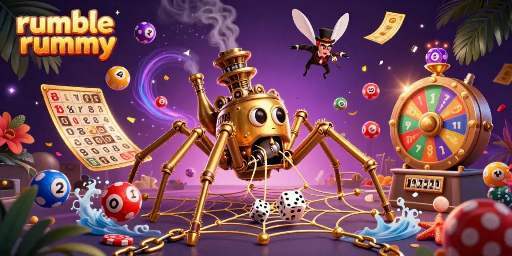 Engage in thrilling Rumble Rummy gameplay with a vibrant 3D illustration featuring dynamic game elements.