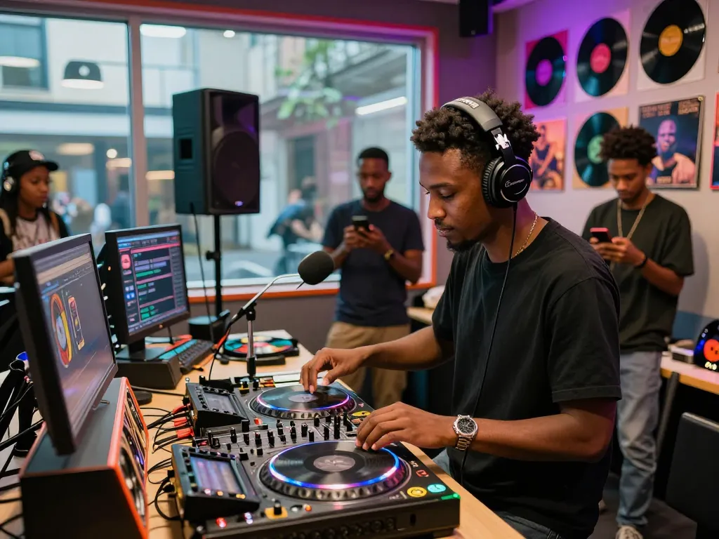 Suasana studio radio dinamis dengan DJ yang memadukan trek hip hop hotplay104
