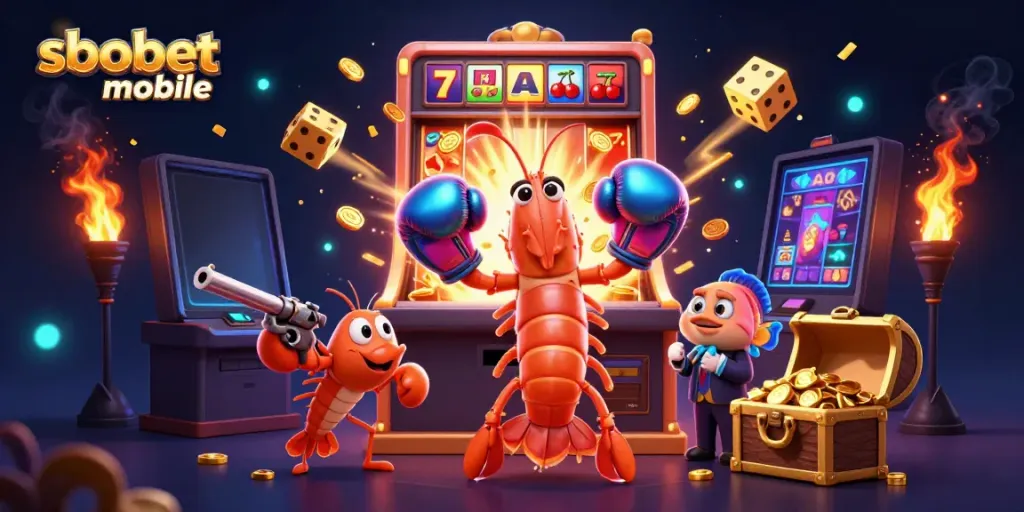 Experience sbobet mobile with a colorful, exciting 3D cartoon scene of animated casino elements and vibrant characters.