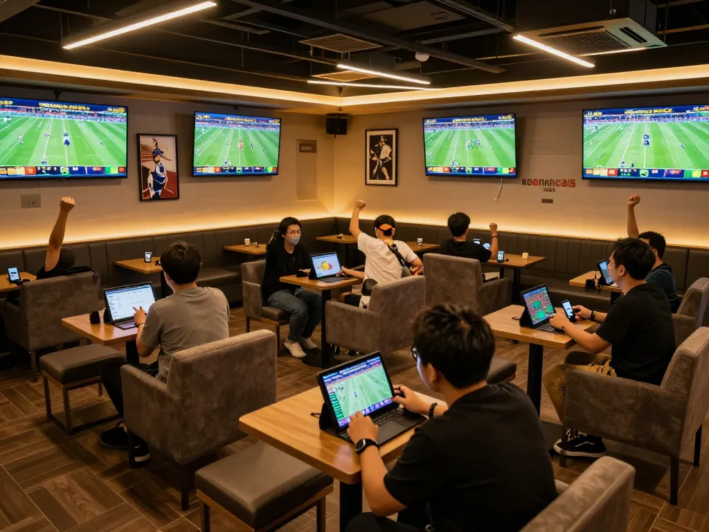 Patrons engaging in live sports betting with keonhacai5 platforms visible