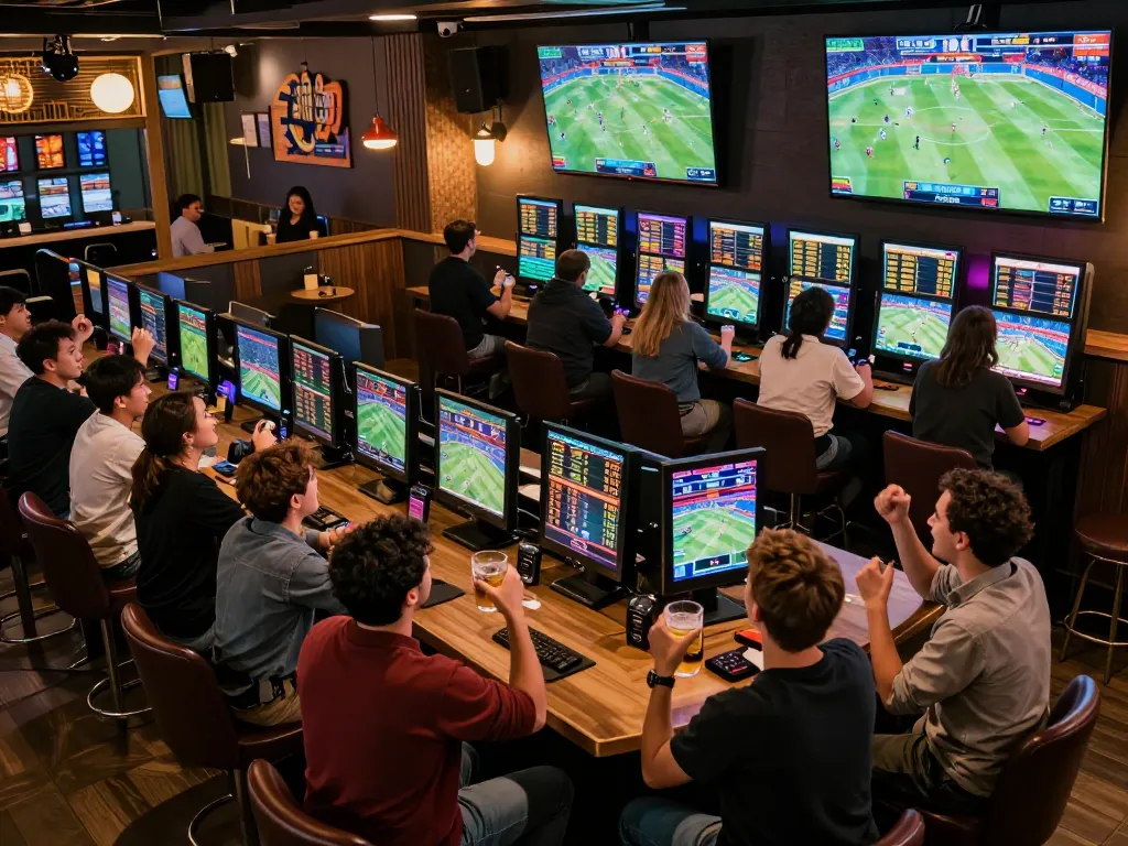 Fans engaging in sports betting at 789bet, cheering for their favorite teams in a vibrant bar atmosphere.