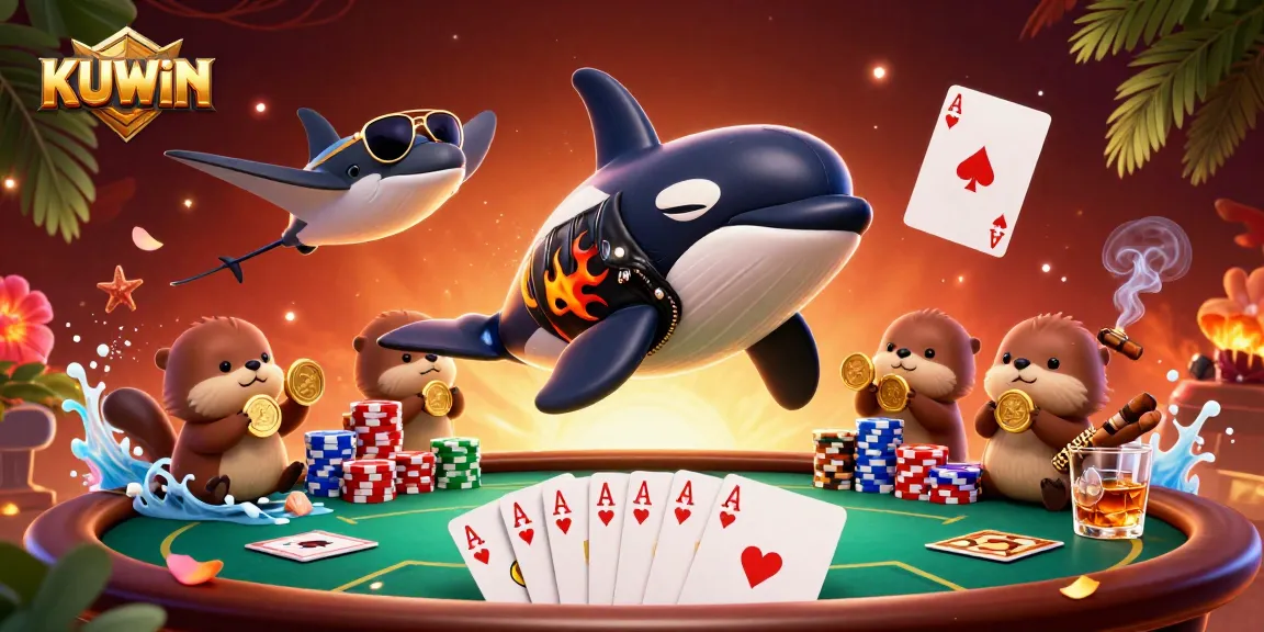Experience excitement at KUWIN with vibrant sea creatures celebrating a poker win amid cash and chips.