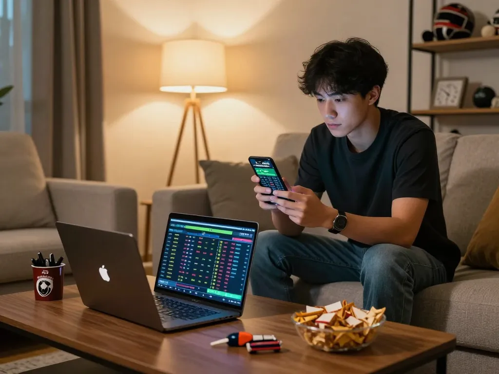 Engaging online sports betting scene highlighting kèo nhà cái hôm nay on smartphone with warm ambient lighting.