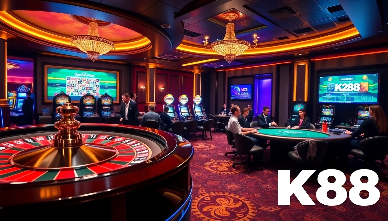 K88 casino players enjoying a thrilling game at roulette with colorful chips and vibrant atmosphere.