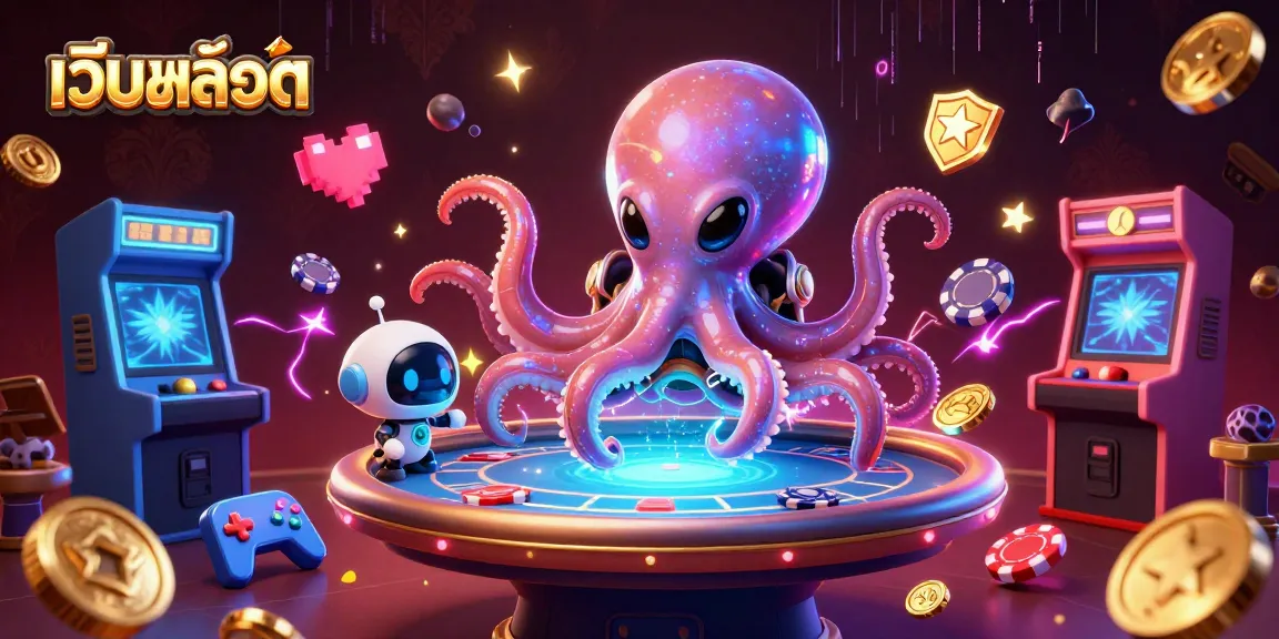 Experience เว็บสล็อต excitement with a playful alien octopus at a holographic poker table.