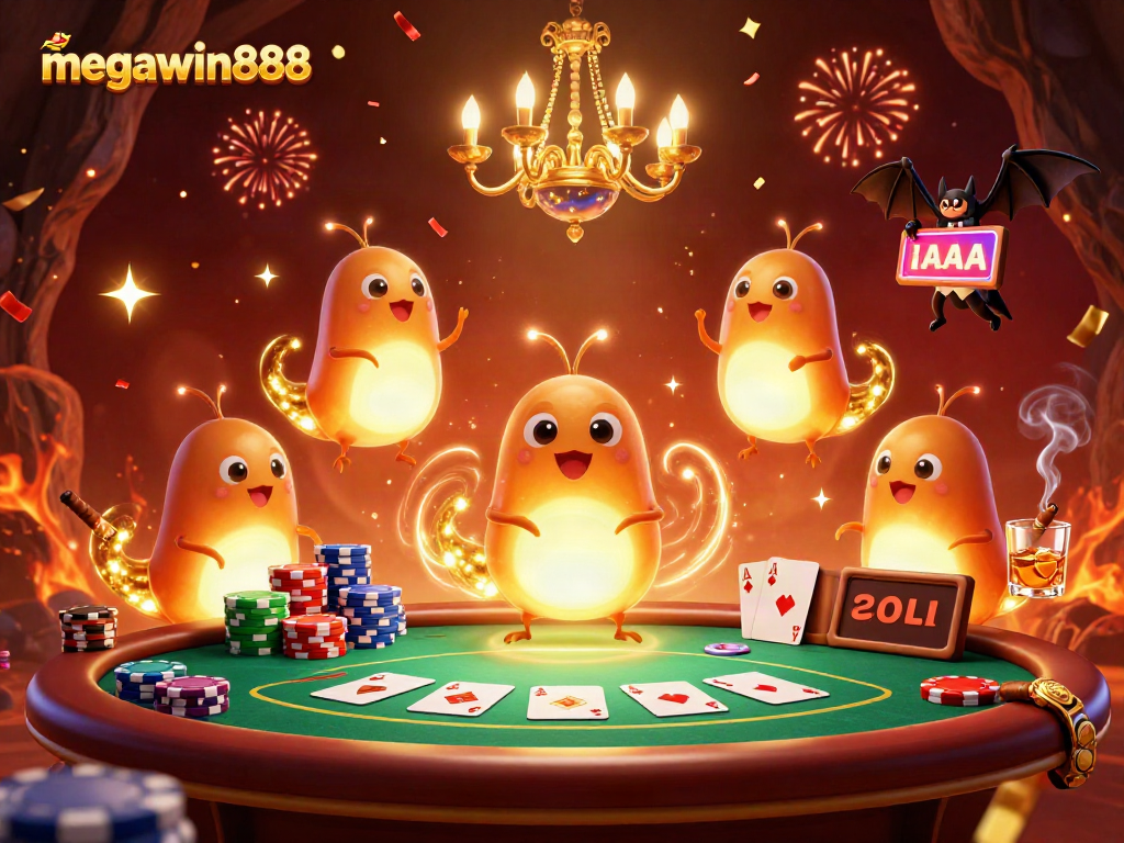 Megawin888 menerangi permainan poker di kasino gua dengan karakter unik dan suasana meriah.