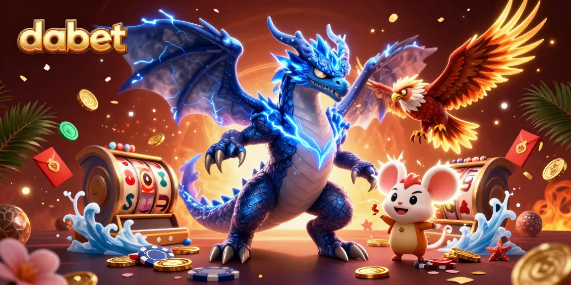 Play thrilling games at dabet, featuring a dragon, hawk, and thunder mouse among casino elements.