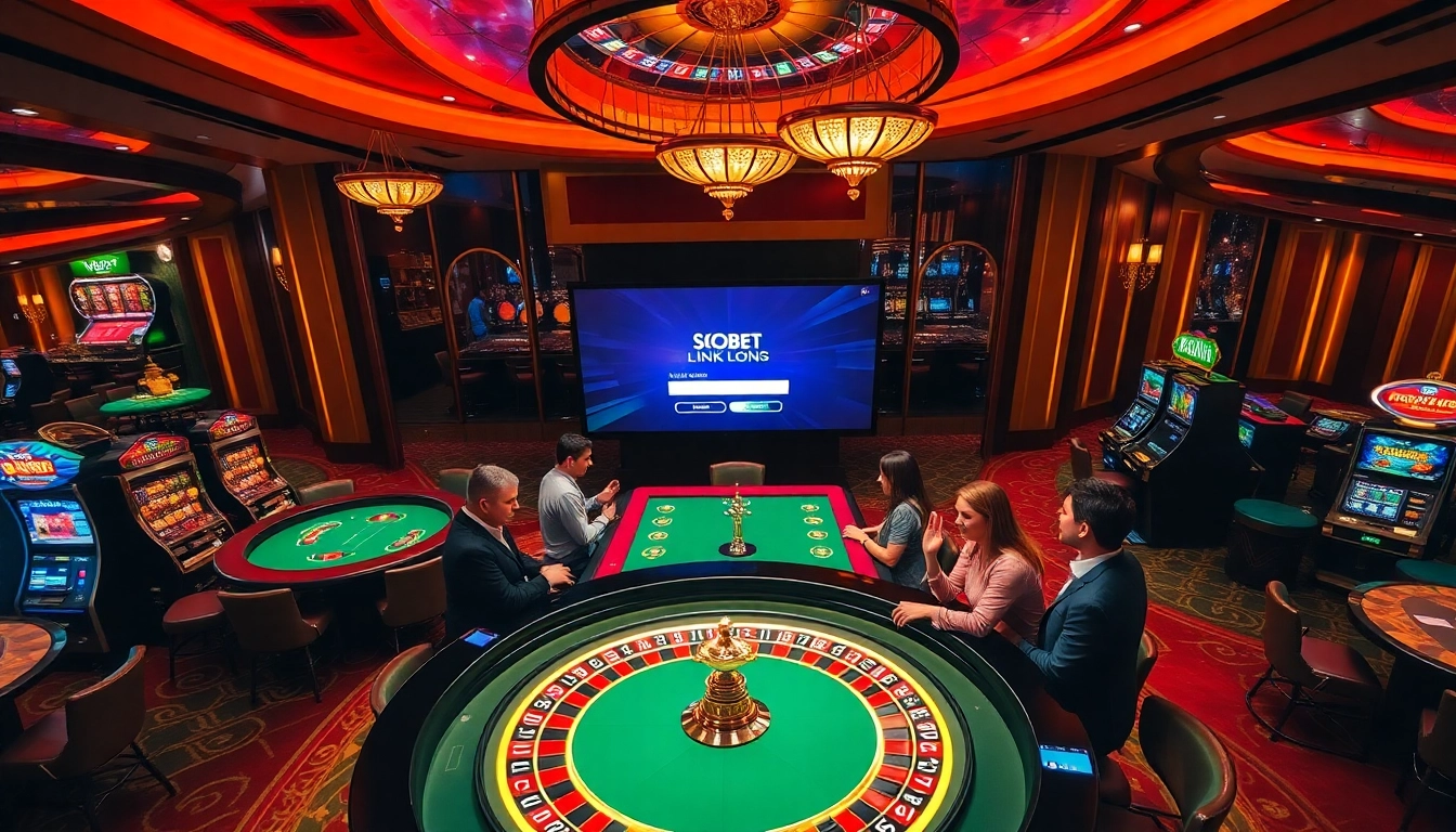 Experience the sbobet link login in a luxurious casino setting with vibrant lighting and engaging gamblers.