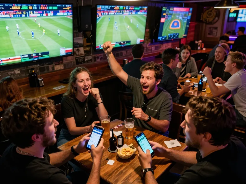 Fans placing bets on the bl555 app during an exciting sports event at a lively bar