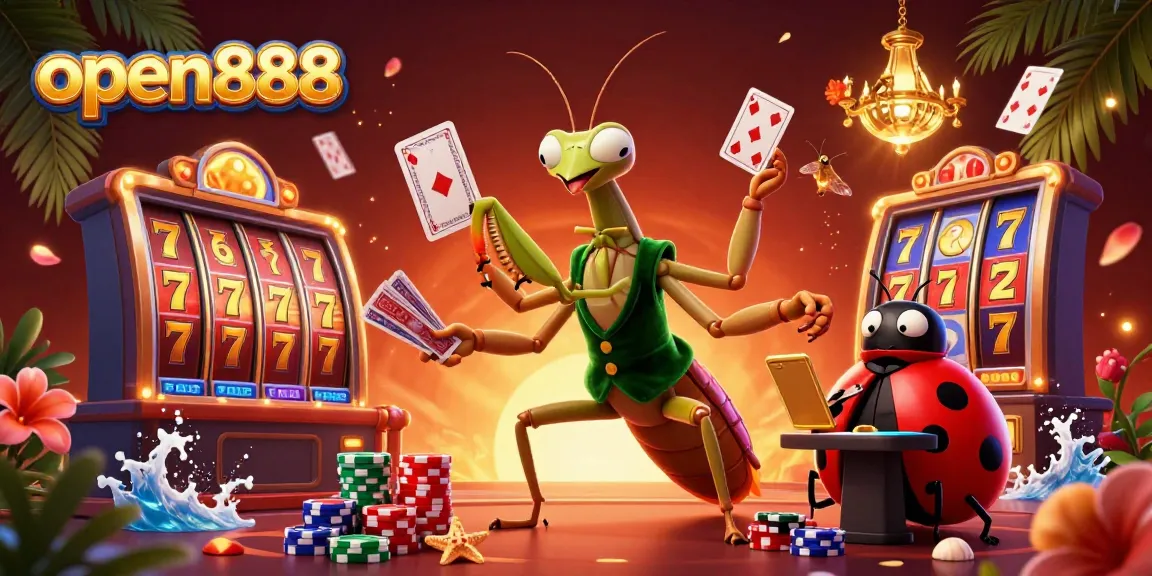 Experience the thrill of open888 casino gaming with a vibrant illustration featuring dynamic characters and lively elements.