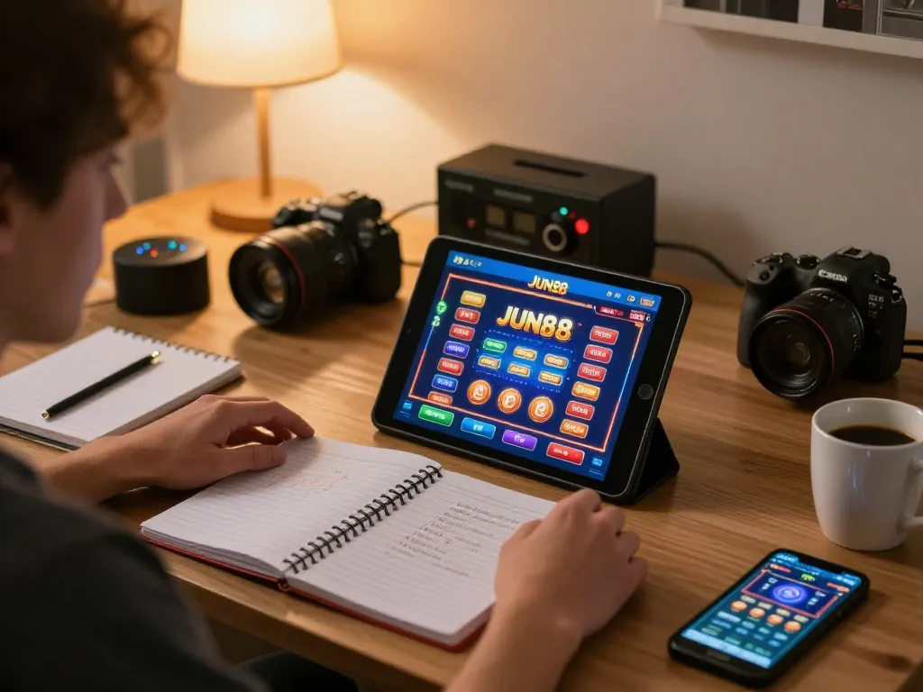 Player enjoying Jun88 casino games on tablet in a warm, inviting home gaming setup