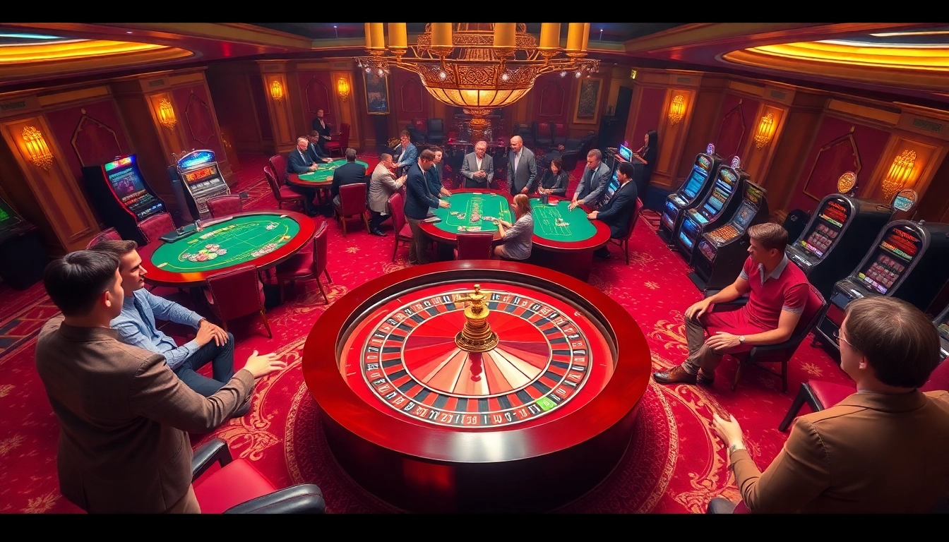 Experience the thrill of the NK88 game at an exciting casino featuring roulette tables and enthusiastic players.