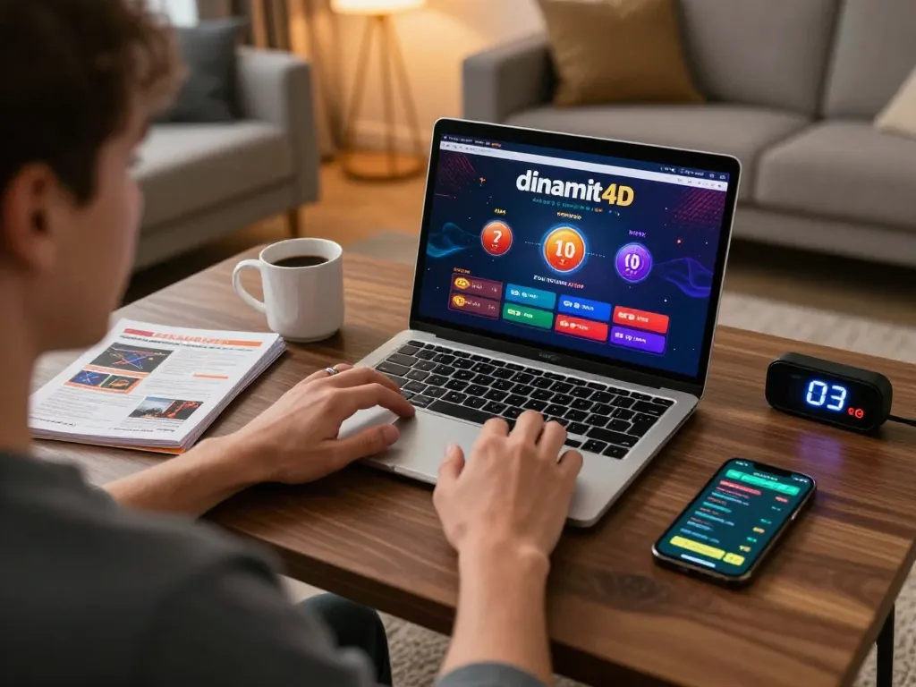 Engaged player explores dinamit4d casino on laptop, showcasing strategic gameplay at home.