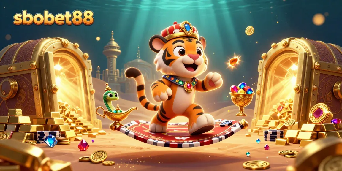 Engage in sbobet88 betting excitement with a vibrant scene featuring a tiger sultan, treasures, and casino elements.