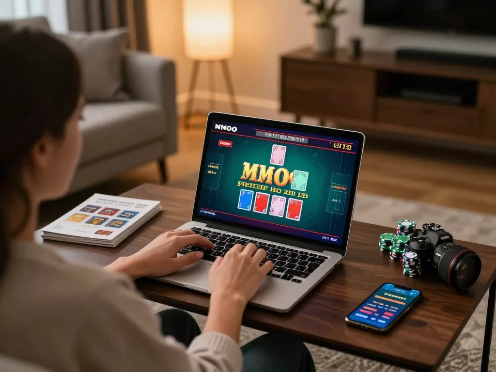 Player engaging with live baccarat on MMOO in a cozy home setting, showcasing strategic gameplay.