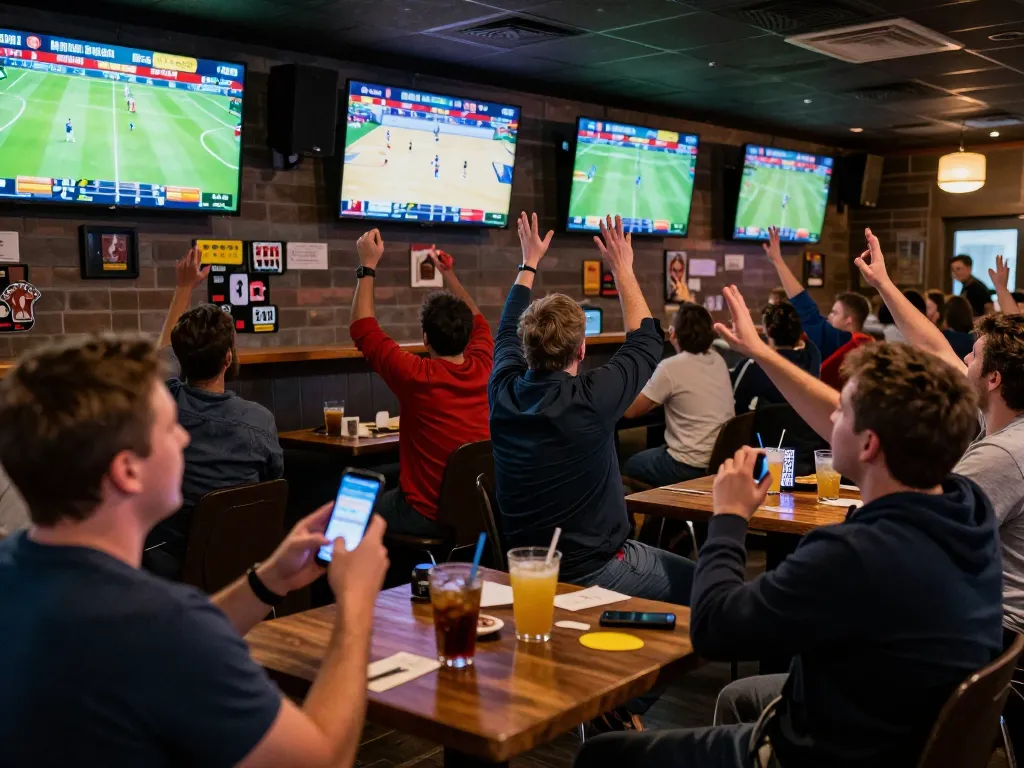 Engaged sports fans placing bets using the bsport app while watching games on large screens.