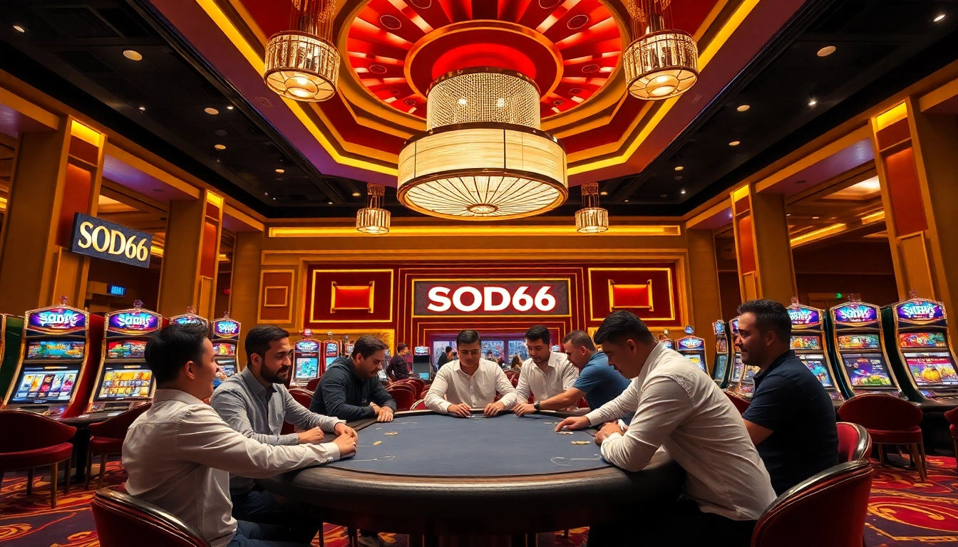 Players enjoying poker at SODO66 casino, surrounded by vibrant slot machines and luxury decor.