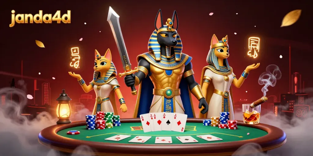 JANDA4D mempersembahkan suasana bermain kartu dengan karakter Anubis dan Bastet dalam ilustrasi 3D