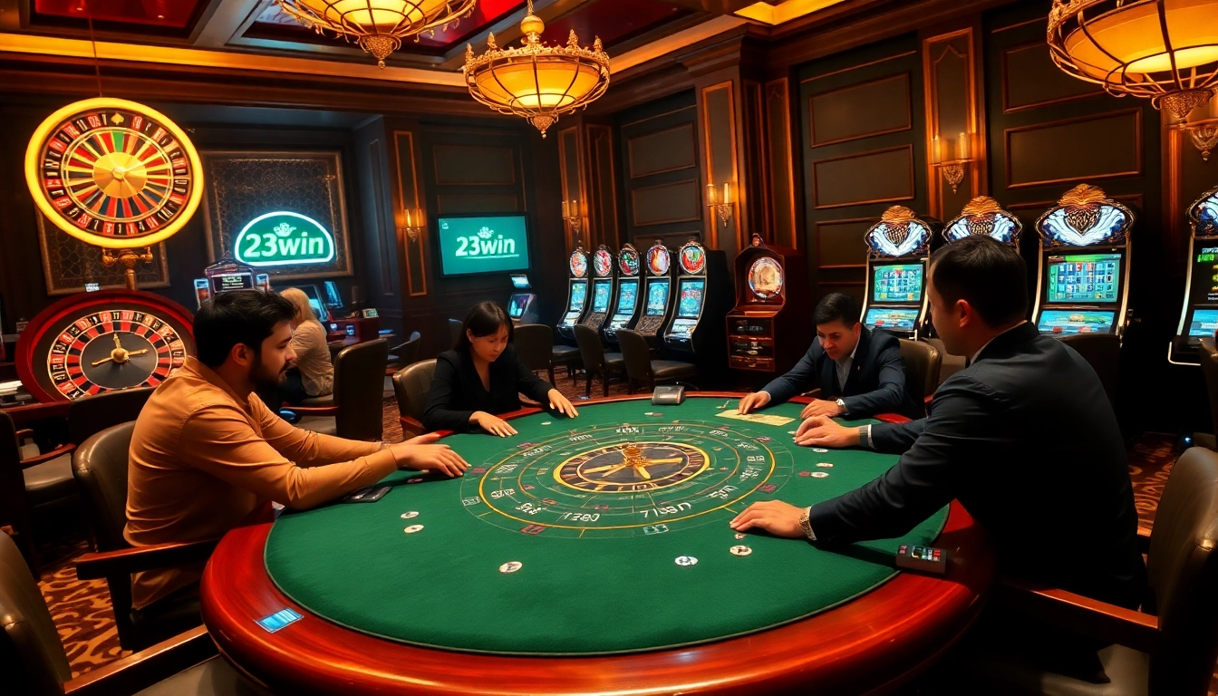 Gambling at a high-stakes poker table with 23win interface visible, evoking excitement and luxury.
