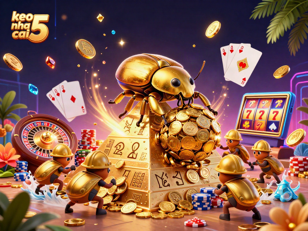 Engage in vibrant casino action with keo nha cai 5 as golden coins cascade and beetles roll trophy winnings.