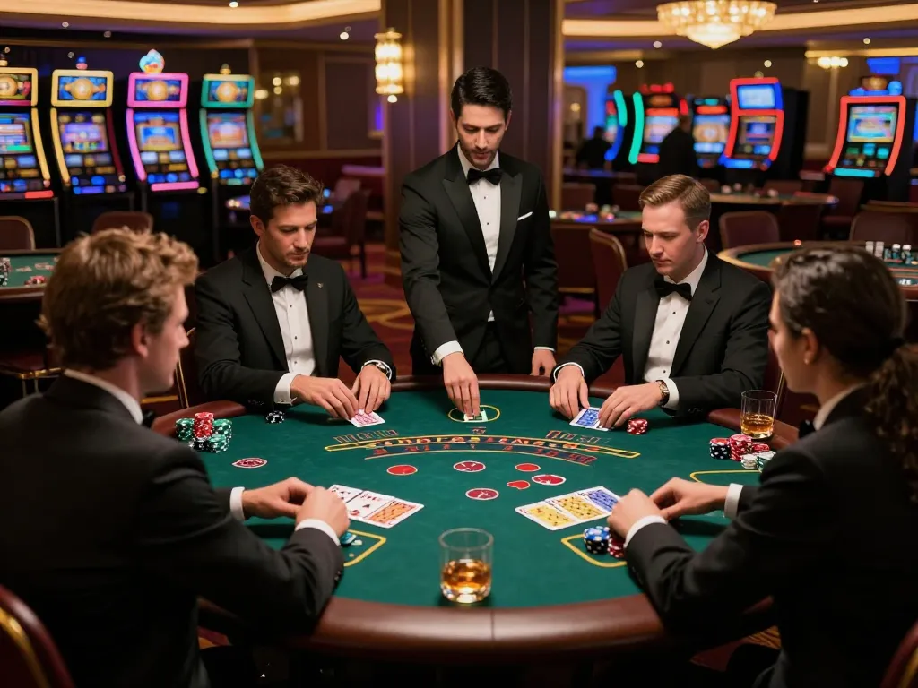Players strategizing at tg88 blackjack table, deluxe casino ambiance enhancing the thrill of gambling
