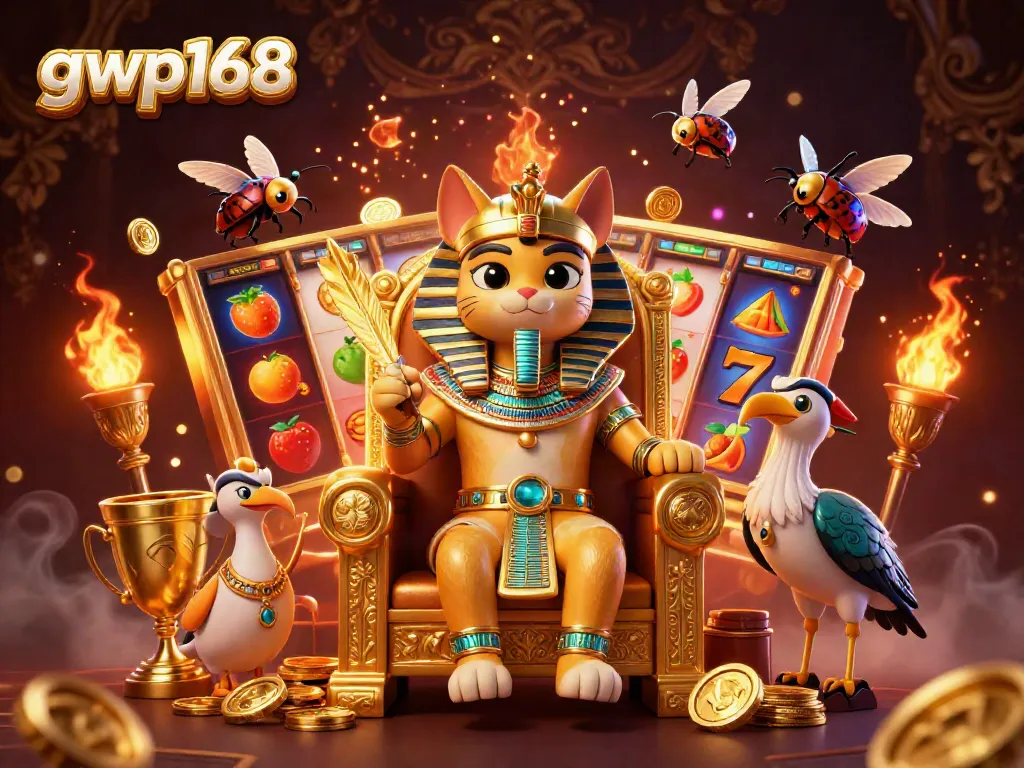 Menghadirkan gwp168, ilustrasi kasino slot dengan kucing firaun dan elemen slot berkilau.