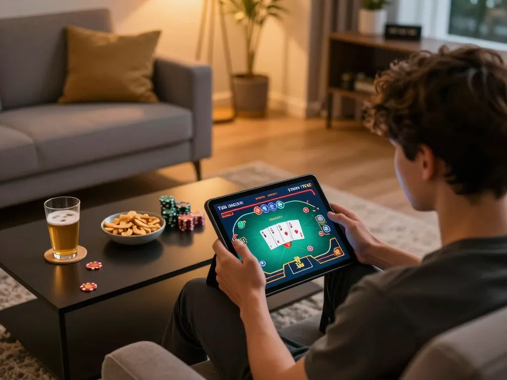 Engaging in TT88 online casino gameplay in a cozy home setting, showcasing a tablet with poker interface.