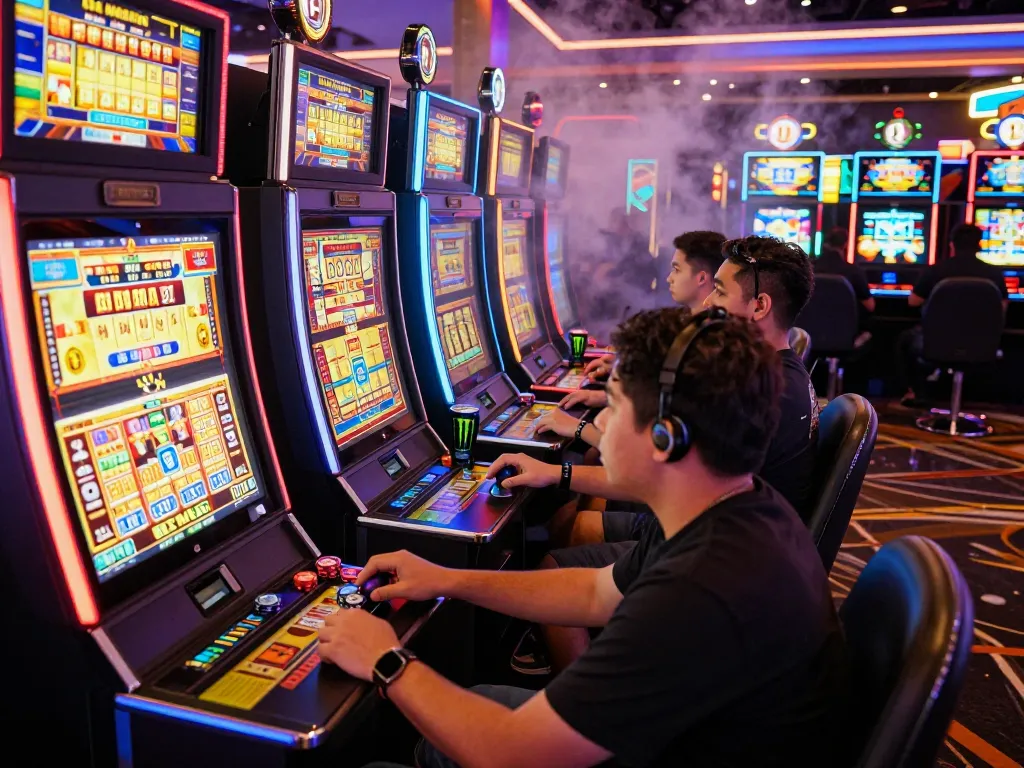 Pemain menikmati permainan situs gacor di suasana kasino yang meriah dengan mesin slot yang cerah dan kegembiraan.