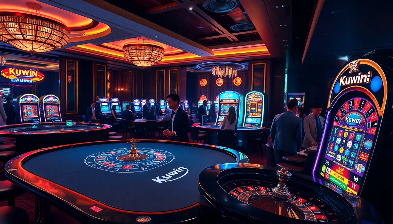 Experience excitement at Kuwin's luxurious casino area featuring vibrant gaming tables and elegant decor.