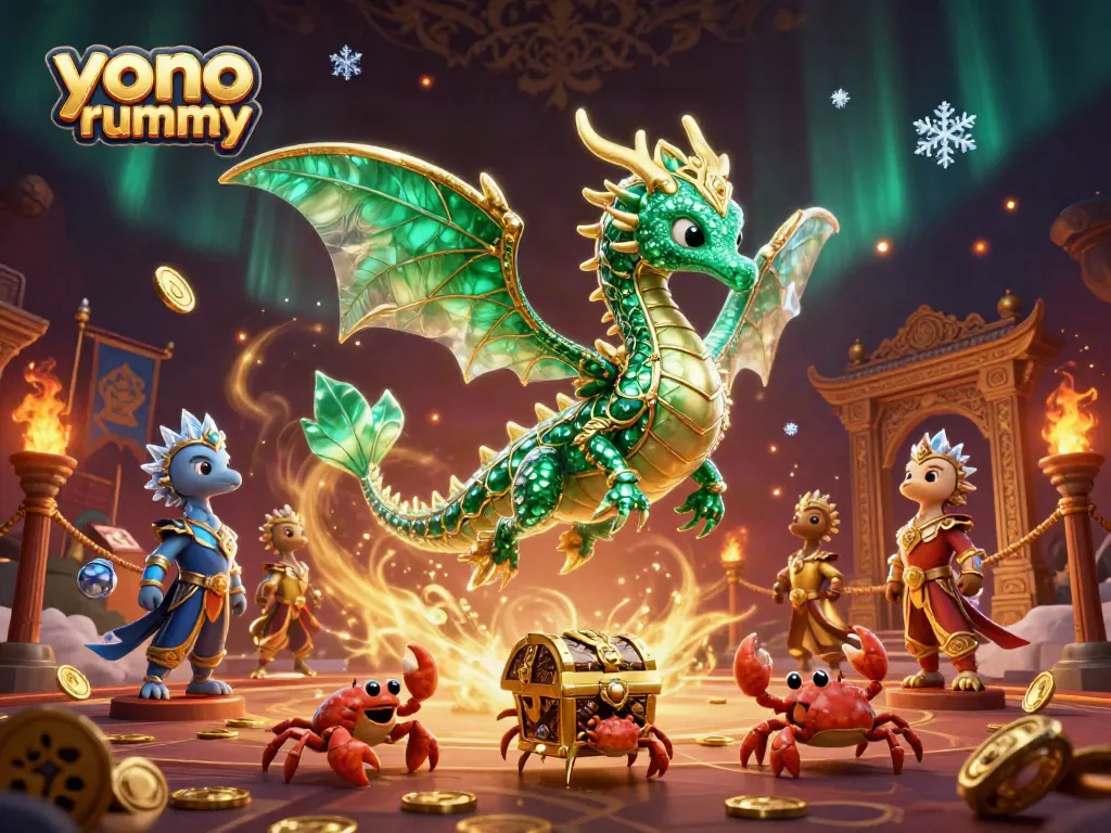 Menangkan permainan dengan yono rummy melalui ilustrasi 3D naga laut, koin, dan efek cahaya.