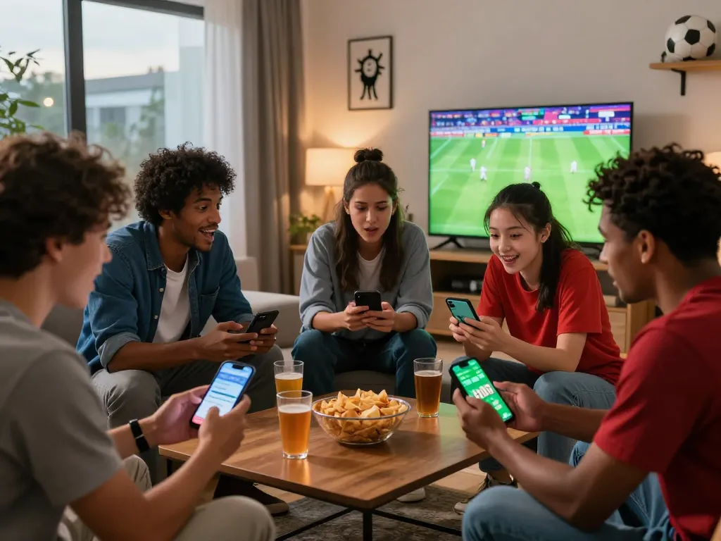 Cá độ bóng đá scene with friends enjoying a live football match, discussing betting odds and predictions in a cozy living room setting.