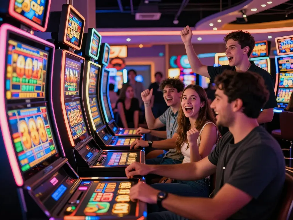 Exciting Lucky 88 gambling moment with friends at a vibrant casino filled with colorful lights and joyful expressions.