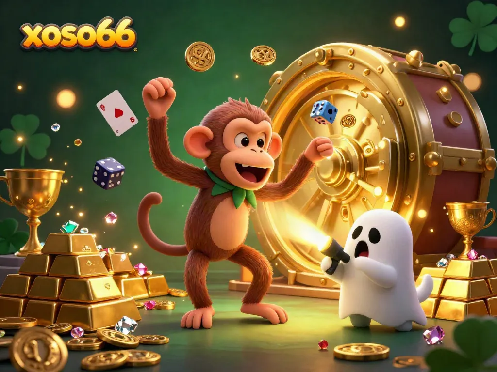 Engage with xoso66’s magic as a playful monkey juggles gold in a haunted casino scene.
