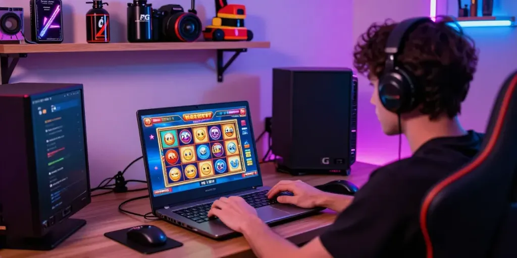 Gamer memainkan judi pragmatic online dengan tampilan slot menarik di laptop di ruang nyaman.