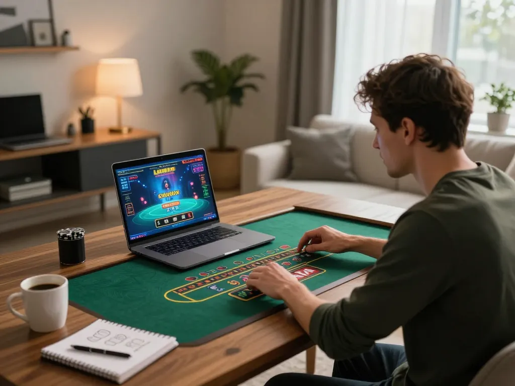 Player enjoying live dealer games on EA77 info platform in a stylish home setup.