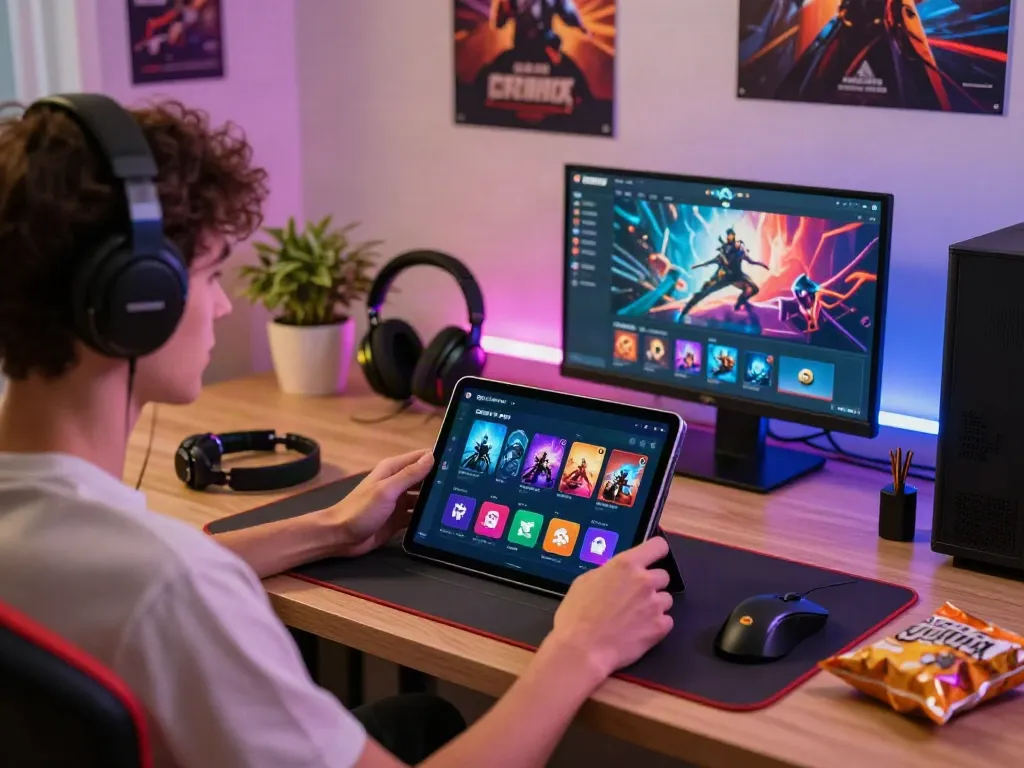 Player using ORION88 APK on tablet in vibrant gaming setup with accessories