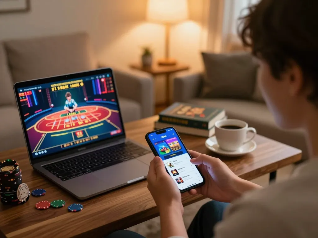 Engaged user enjoying the 78win app for online gambling on a smartphone in a cozy home setting