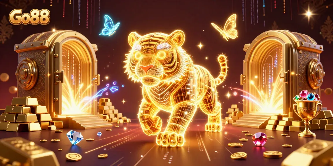 Engage with Go88 in a vibrant casino world featuring a neon tiger and treasures.