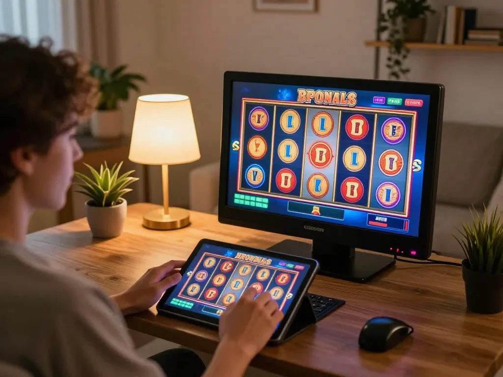Engaging online gaming scene at RR88 with a player enjoying slots on a tablet in a cozy home.