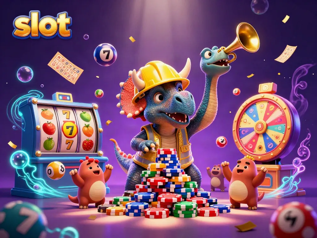 Slot yang menampilkan dinosaur membangun tumpukan chip poker dengan latar belakang berwarna ungu.