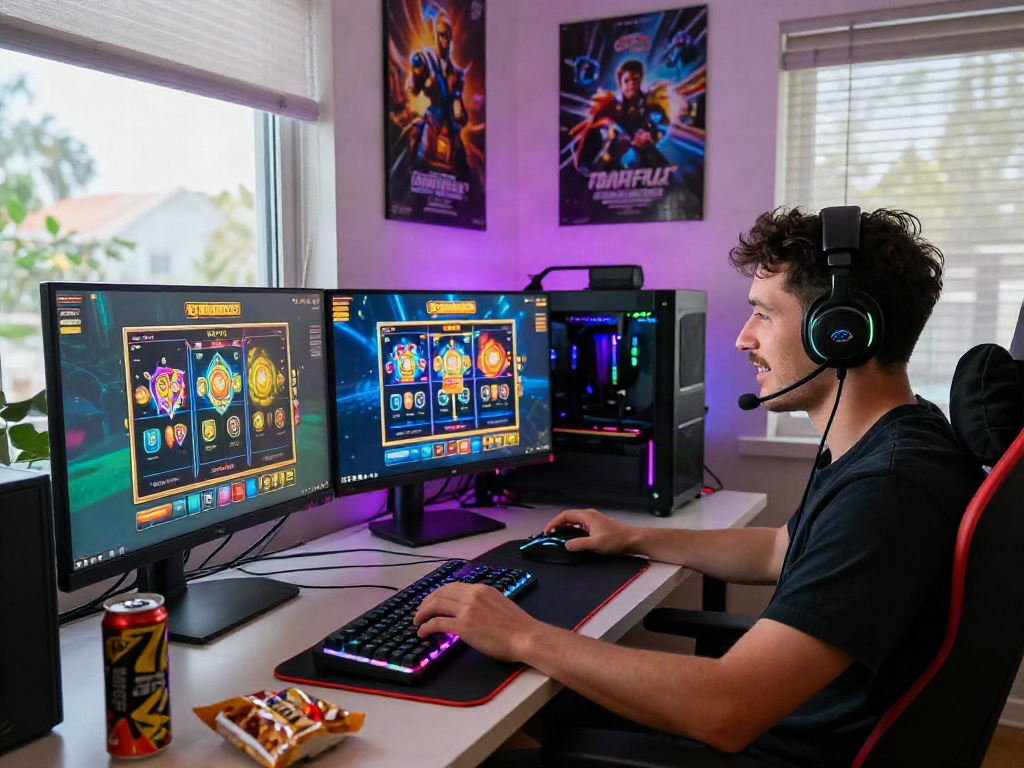 Gamer immersed in slot gacor gameplay with dual monitors and vibrant RGB setup