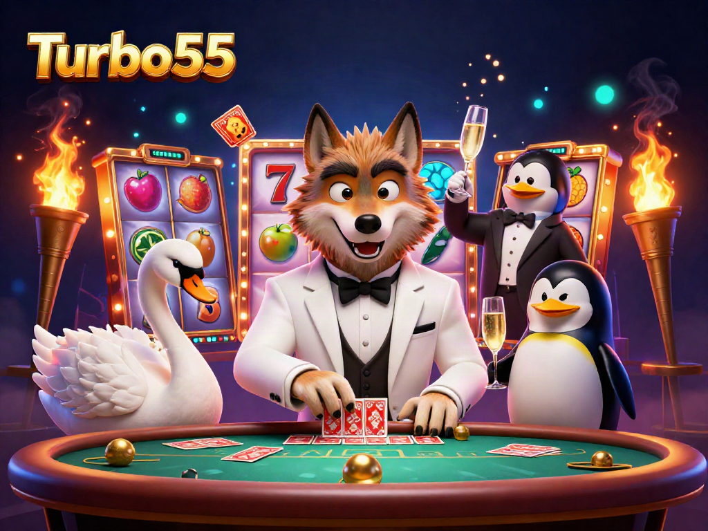 Turbo55 showcases an ultra-detailed 3D illustration of a debonair wolf, elegant swan, and penguin at a baccarat table, surrounded by vibrant casino slots.