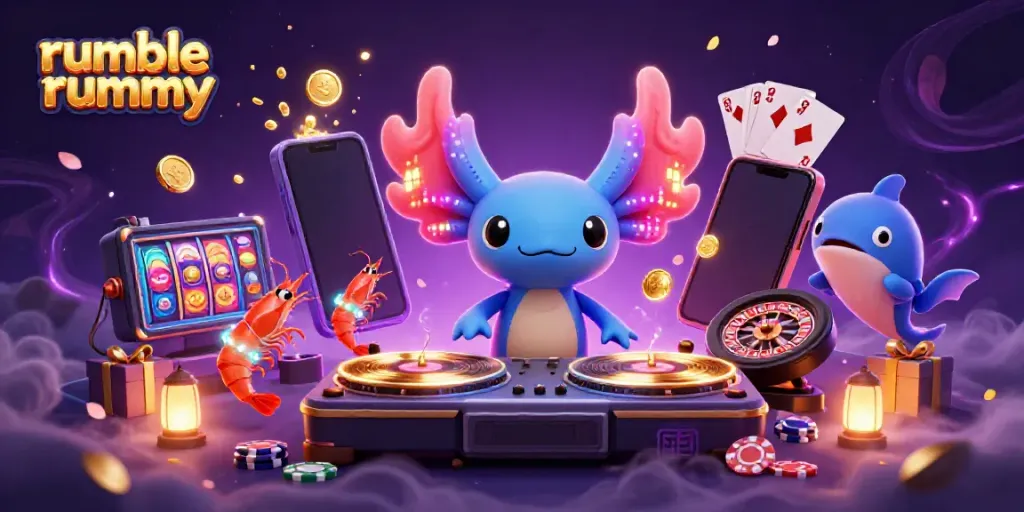 Experience the fun of rumble rummy with an exciting underwater DJ party scene featuring vibrant gaming elements.