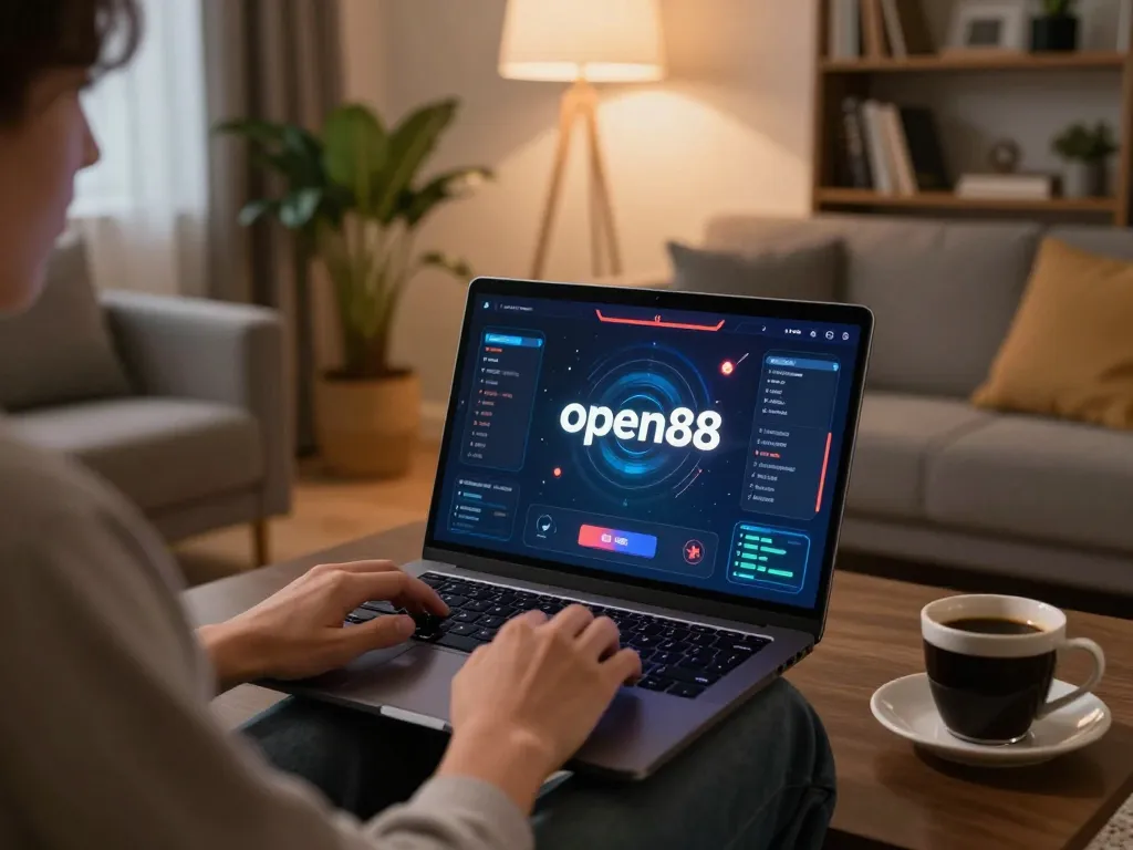 Engaging gameplay on open88 displayed on laptop screen in comfortable home setting.